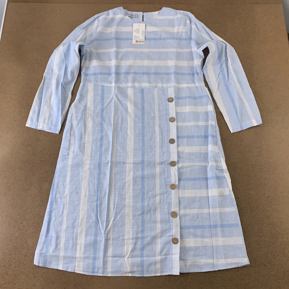 Tavin Womens US Size 12 Blue Striped Long Sleeve Button Accent Maxi Dress NWT